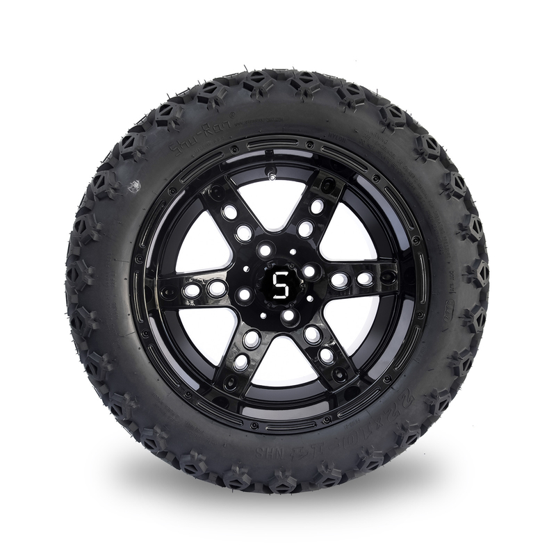 De PUNT de Karwielen en Banden 22x10-14 van het 14 Duimgolf Al Terrein polijst Zwarte 6 Spokes