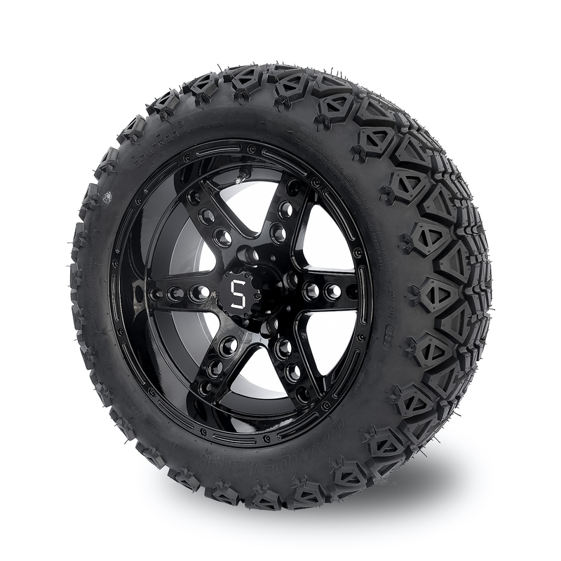 De PUNT de Karwielen en Banden 22x10-14 van het 14 Duimgolf Al Terrein polijst Zwarte 6 Spokes
