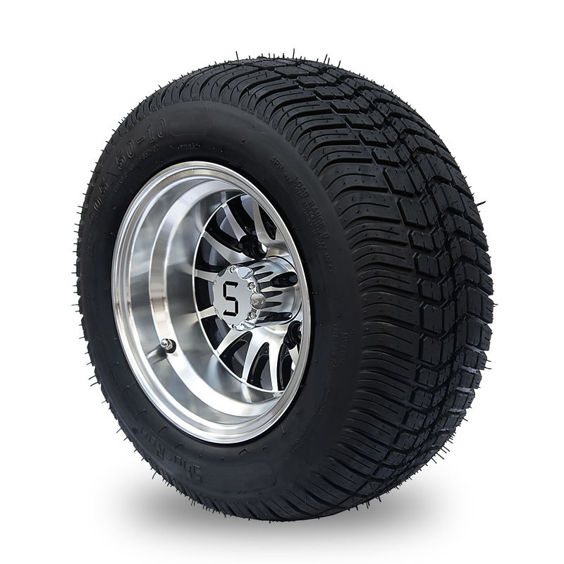 10“ Golfkar Rim And 205/50-10 DOT Street Tire Assembly - Machinaal bewerkte/Glanzende Zwarte