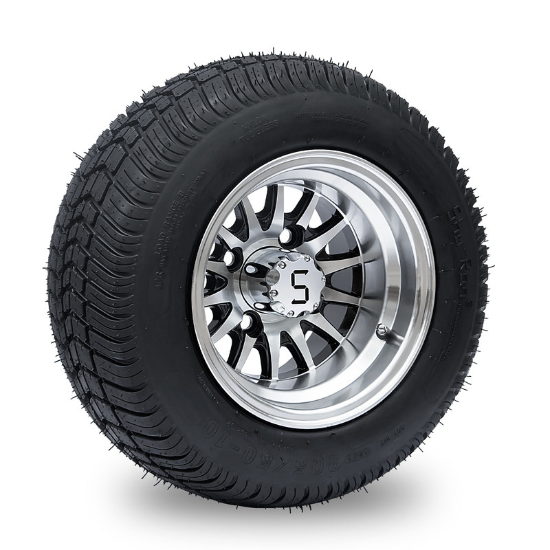 10“ Golfkar Rim And 205/50-10 DOT Street Tire Assembly - Machinaal bewerkte/Glanzende Zwarte