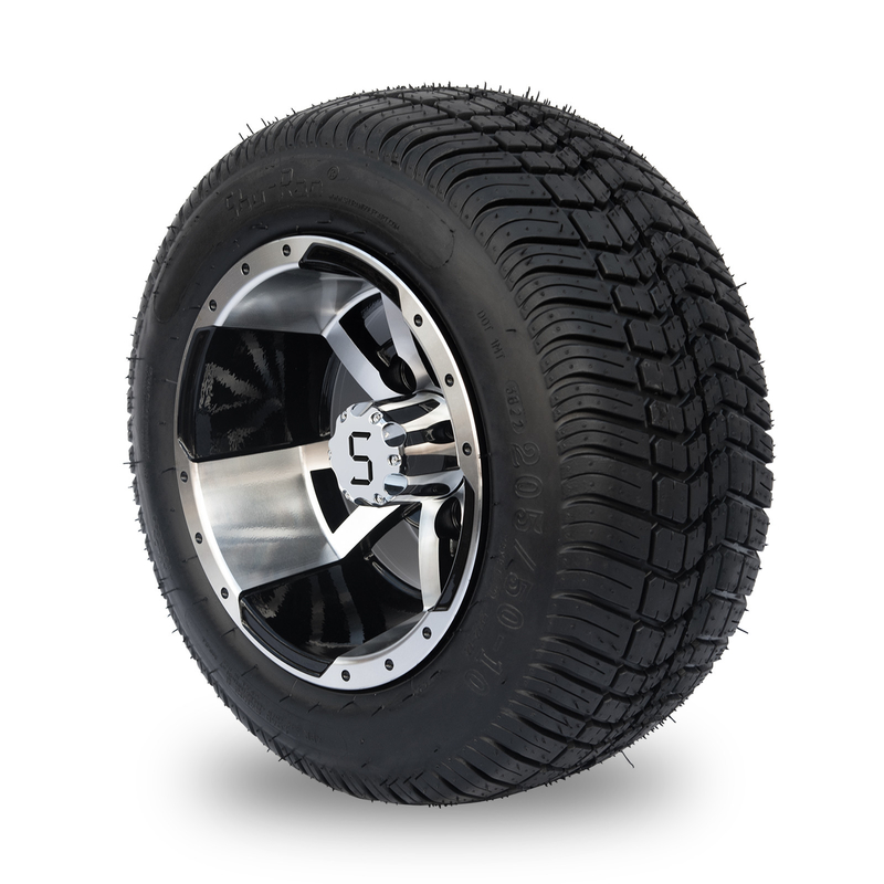 Golfkar 10“ Randen en 205/50-10 DOT Street Tire Combo - Machinaal bewerkte/Glanzende Zwarte