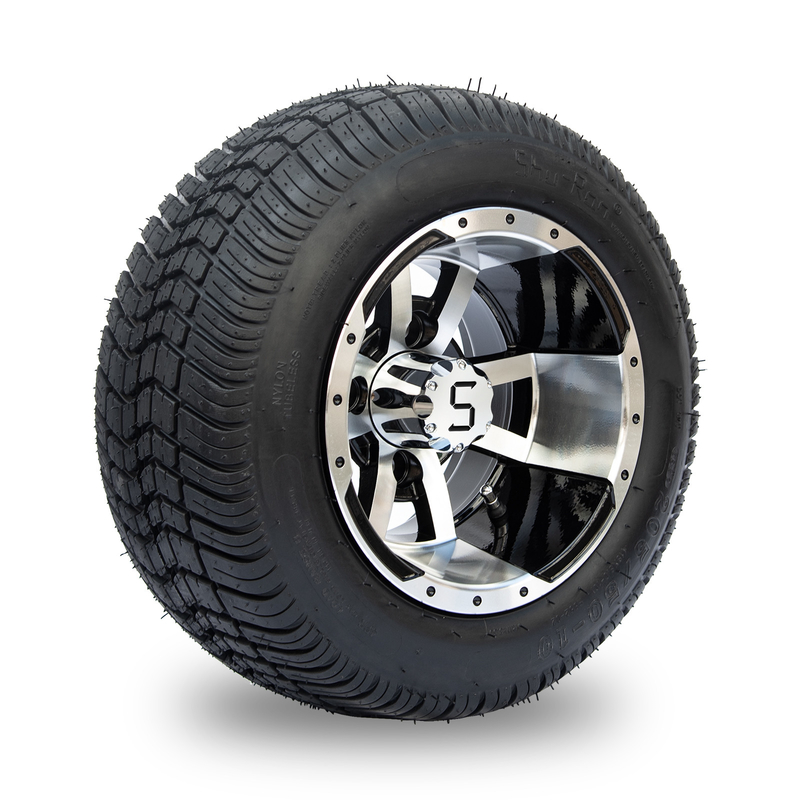 Golfkar 10“ Randen en 205/50-10 DOT Street Tire Combo - Machinaal bewerkte/Glanzende Zwarte