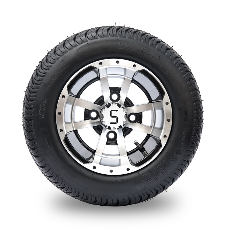 Golfkar 10“ Randen en 205/50-10 DOT Street Tire Combo - Machinaal bewerkte/Glanzende Zwarte