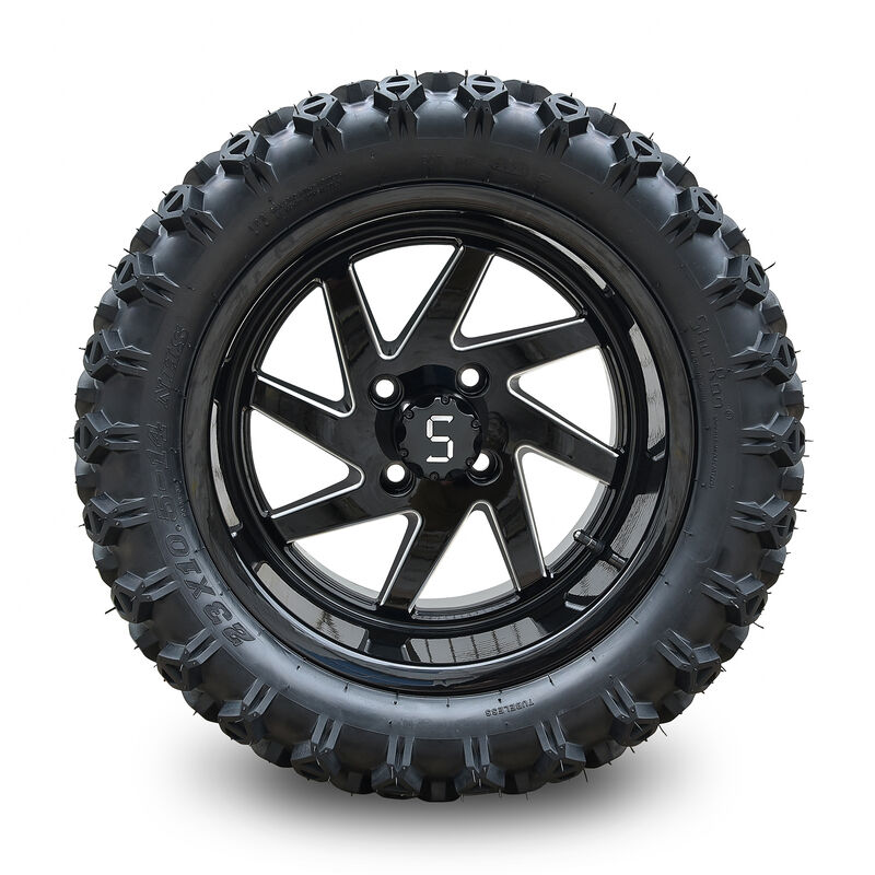 Gloss Black and Milled Edge Finish 14 Inch Golf Cart Wheels And Tires 23*10.5-14 101.6 PCD 4x4 Bolt Pattern