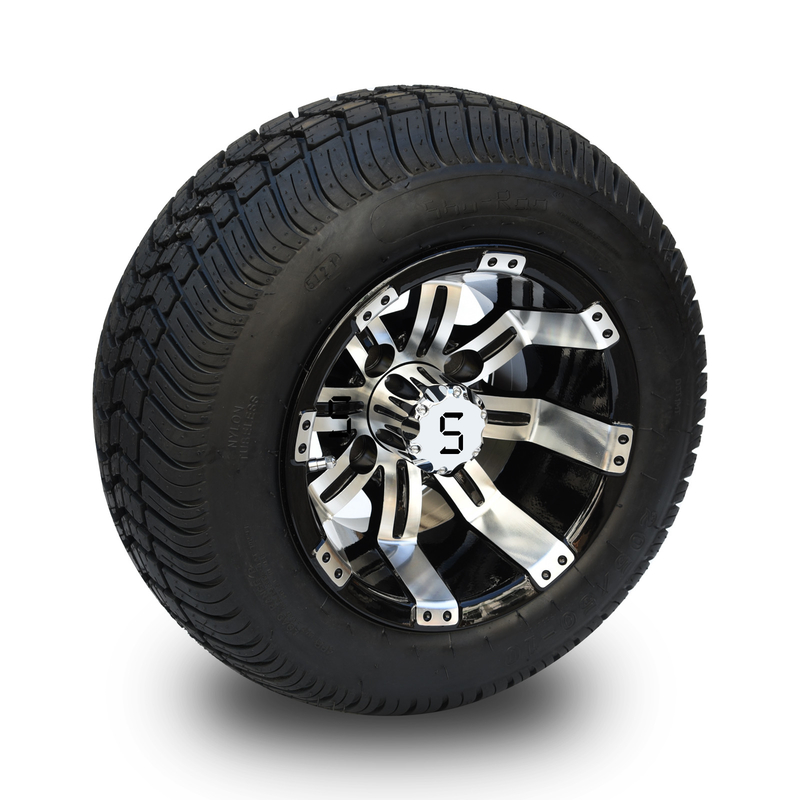 Golfkar 10“ Wiel en 205/50-10 DOT Tire Combo - Machinaal bewerkte/Glanzende Zwarte