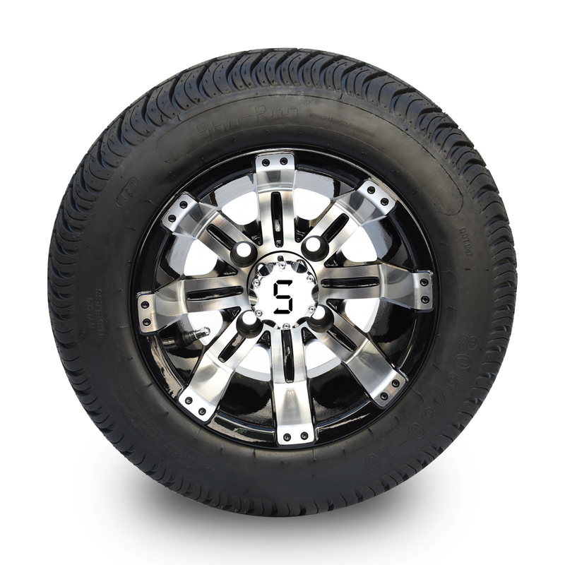 Golfkar 10“ Wiel en 205/50-10 DOT Tire Combo - Machinaal bewerkte/Glanzende Zwarte