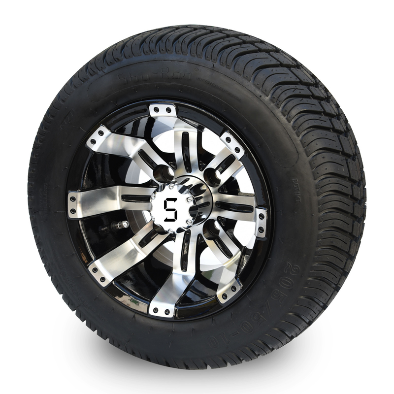 Golfkar 10“ Wiel en 205/50-10 DOT Tire Combo - Machinaal bewerkte/Glanzende Zwarte