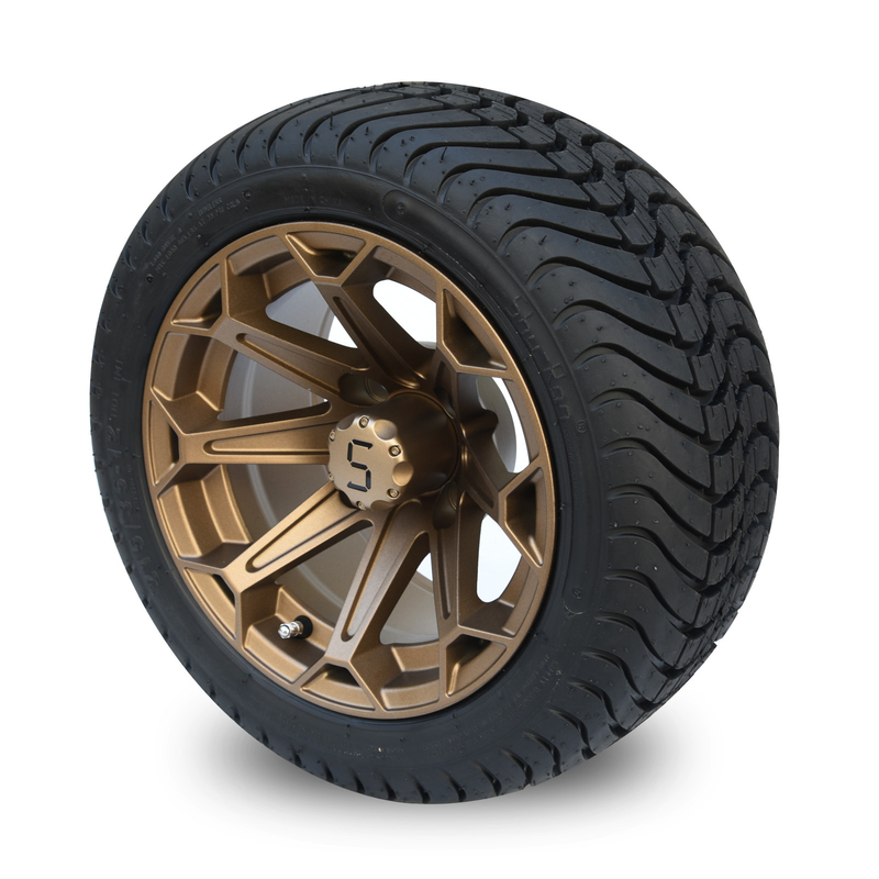 De golfkar het Aluminiumwielen van het 12 Duimbrons en 215/35-12 Laag Profiel DOT Tyres Assembly 4x4 bout Patroon vast