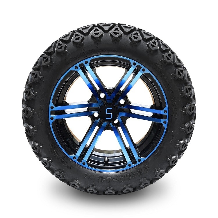 Golfkar 14 Duim Blauwe/Glanzende Zwarte Wielen en 22 Duim - lange Off Road-Banden 4 VOUW met DOT Approved