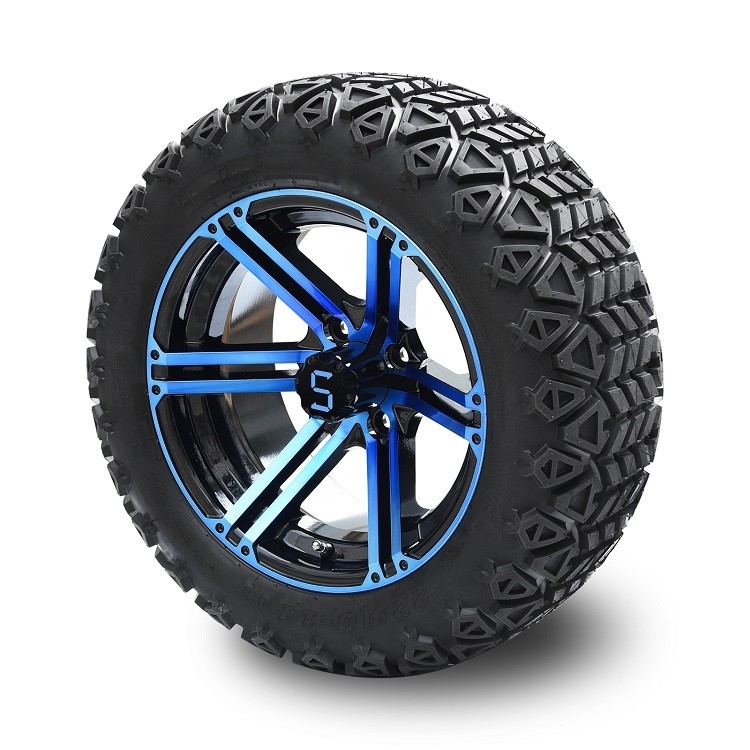 Golfkar 14 Duim Blauwe/Glanzende Zwarte Wielen en 22 Duim - lange Off Road-Banden 4 VOUW met DOT Approved