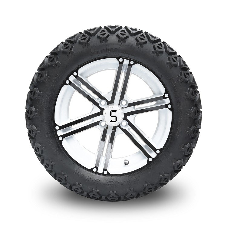 Golfkar 14“ Zwarte/Witte Randen en 22x10-14“ Alle Inbegrepen Terreinbanden, Wielnoten en Centrumkappen