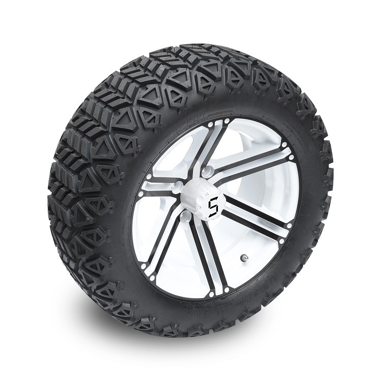 Golfkar 14“ Zwarte/Witte Randen en 22x10-14“ Alle Inbegrepen Terreinbanden, Wielnoten en Centrumkappen