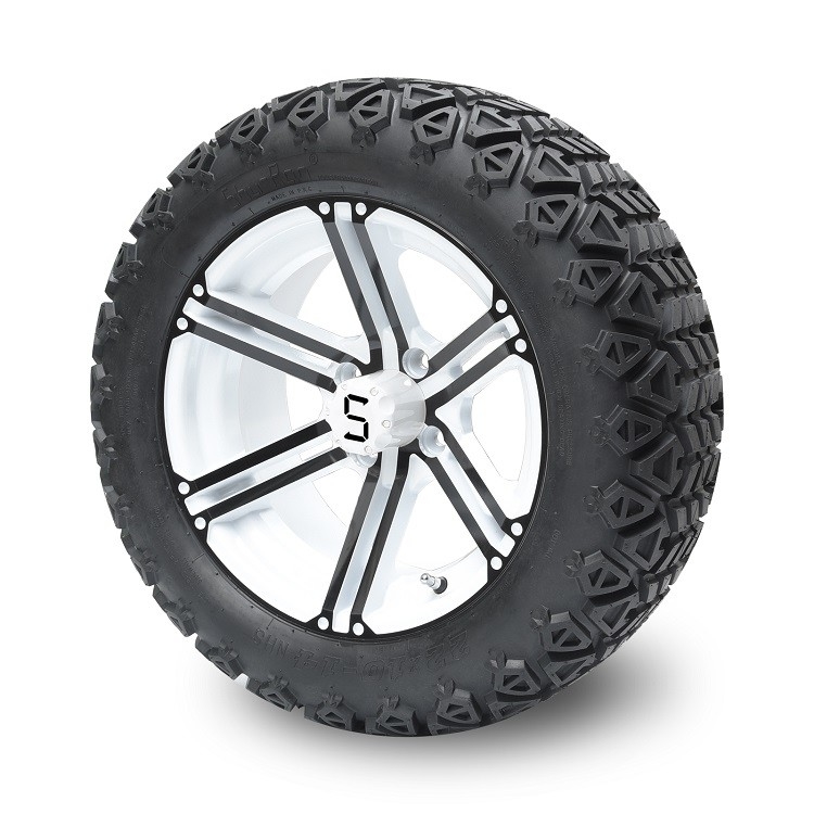 Golfkar 14“ Zwarte/Witte Randen en 22x10-14“ Alle Inbegrepen Terreinbanden, Wielnoten en Centrumkappen